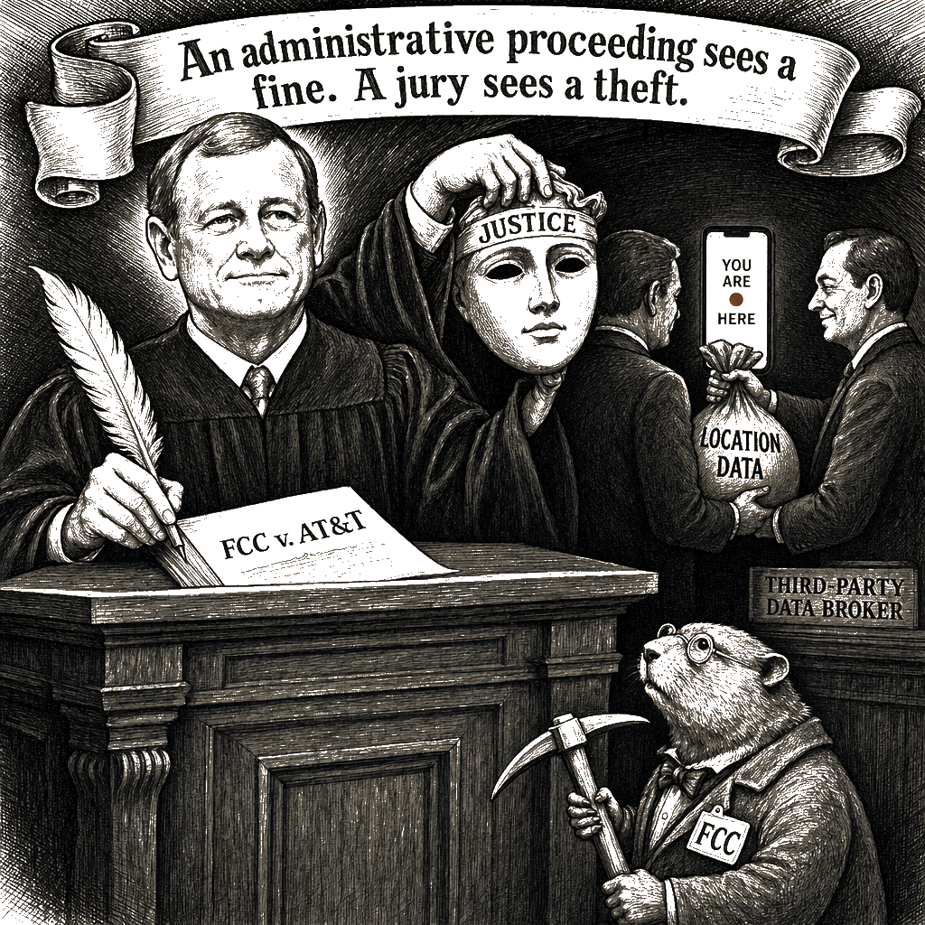 Editorial cartoon by Hector Rentier: Clarence Thomas is helping the carriers sell your location data. The Roberts Court is…