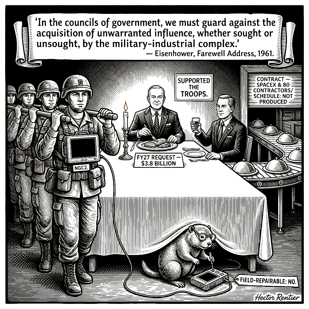 Editorial cartoon by Hector Rentier: Contractors Took Billions and Handed Soldiers Radios That Die at the Breach