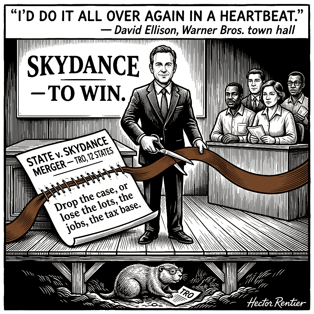 Editorial cartoon by Hector Rentier: David Ellison blackmailed California into settling and called it a closing