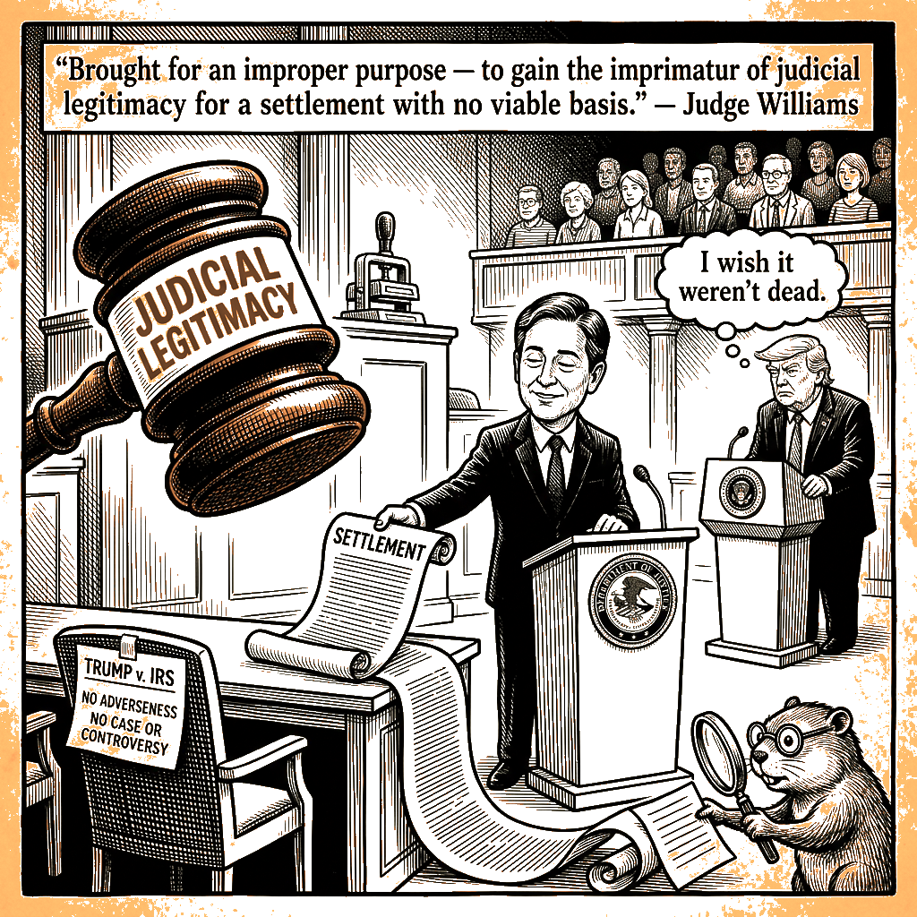 Editorial cartoon by Hector Rentier: DOJ Forced to Name the Architects of Trump's Sham Fund