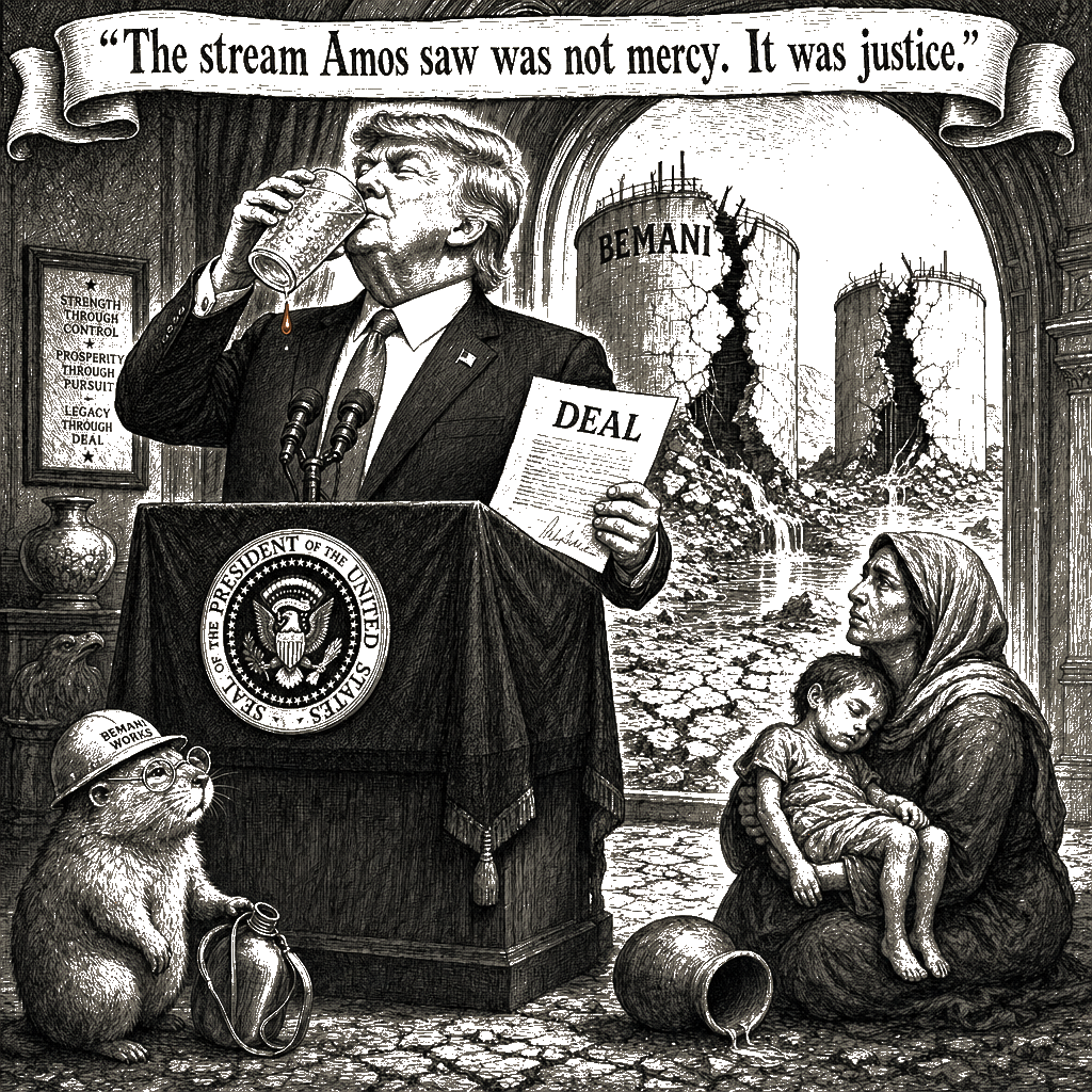 Editorial cartoon by Hector Rentier: Donald Trump Bombed a Civilian Water Reservoir