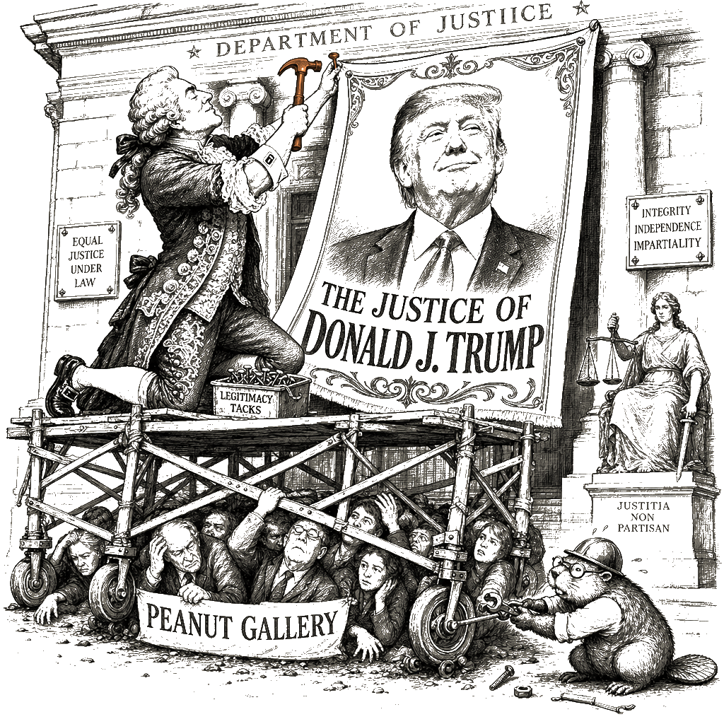 Editorial cartoon by Hector Rentier: Donald Trump conscripts the Republic into a feudal court