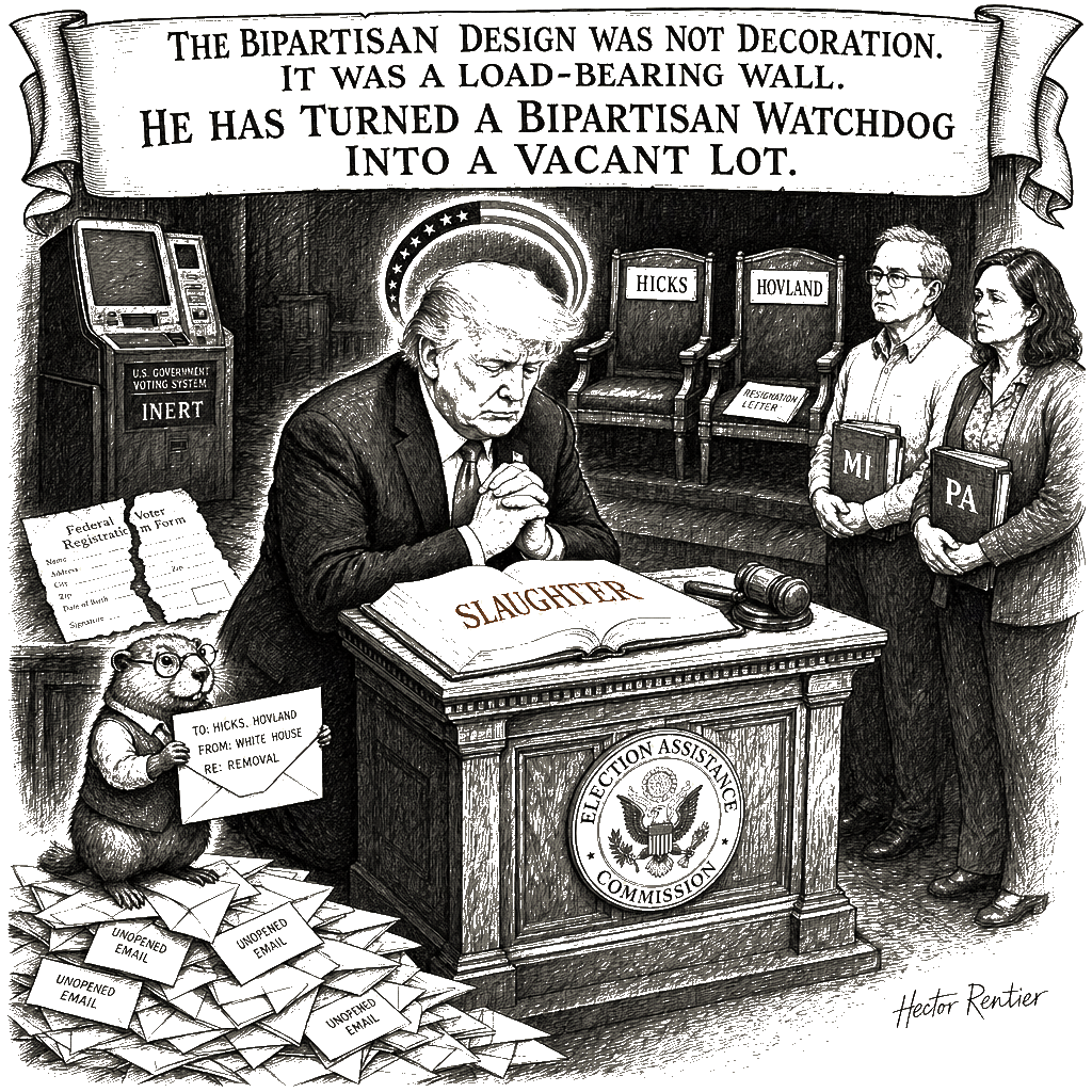 Editorial cartoon by Hector Rentier: Donald Trump Empties the Election Commission to Clear the Board for the Midterms