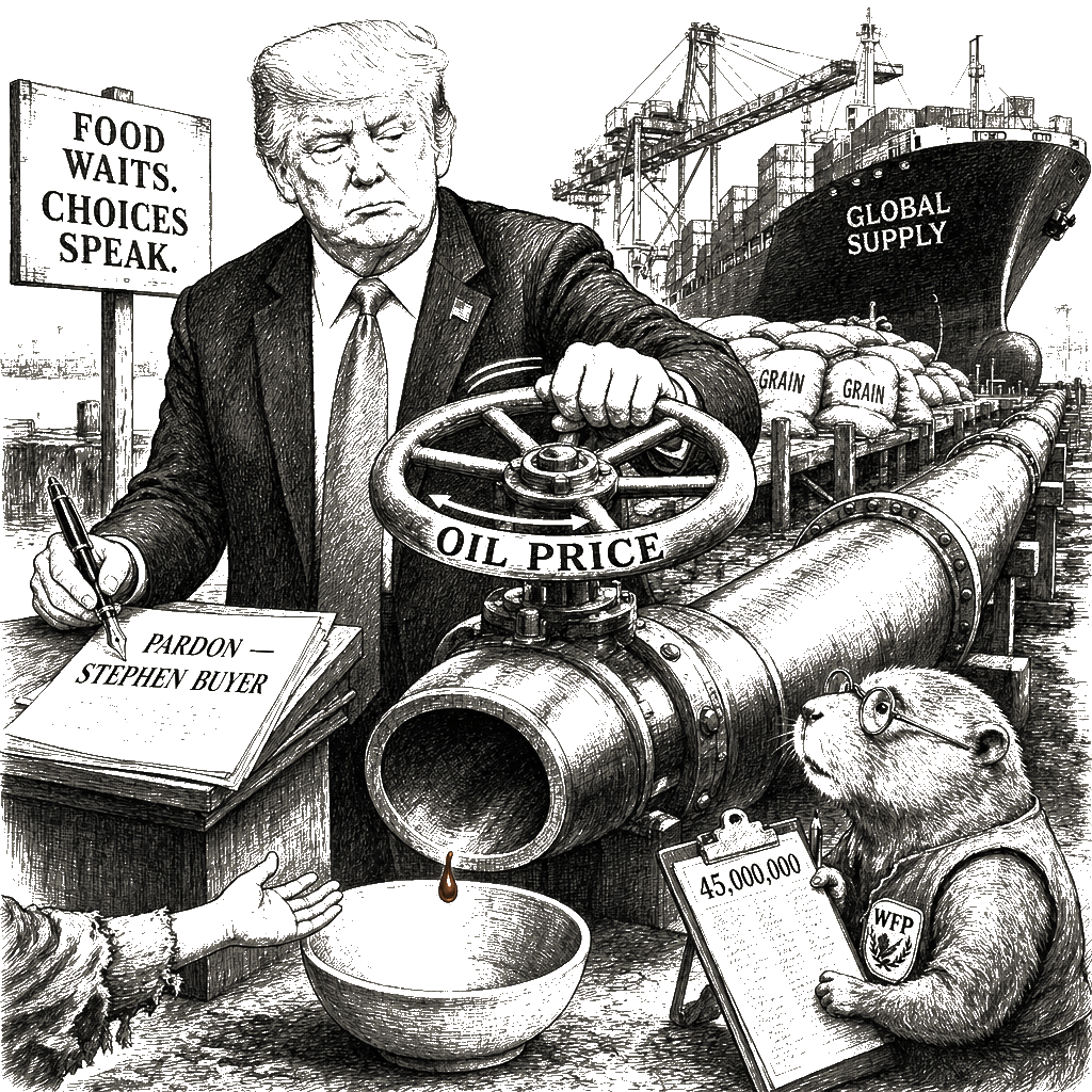 Editorial cartoon by Hector Rentier: Donald Trump Is Starving Forty-Five Million People
