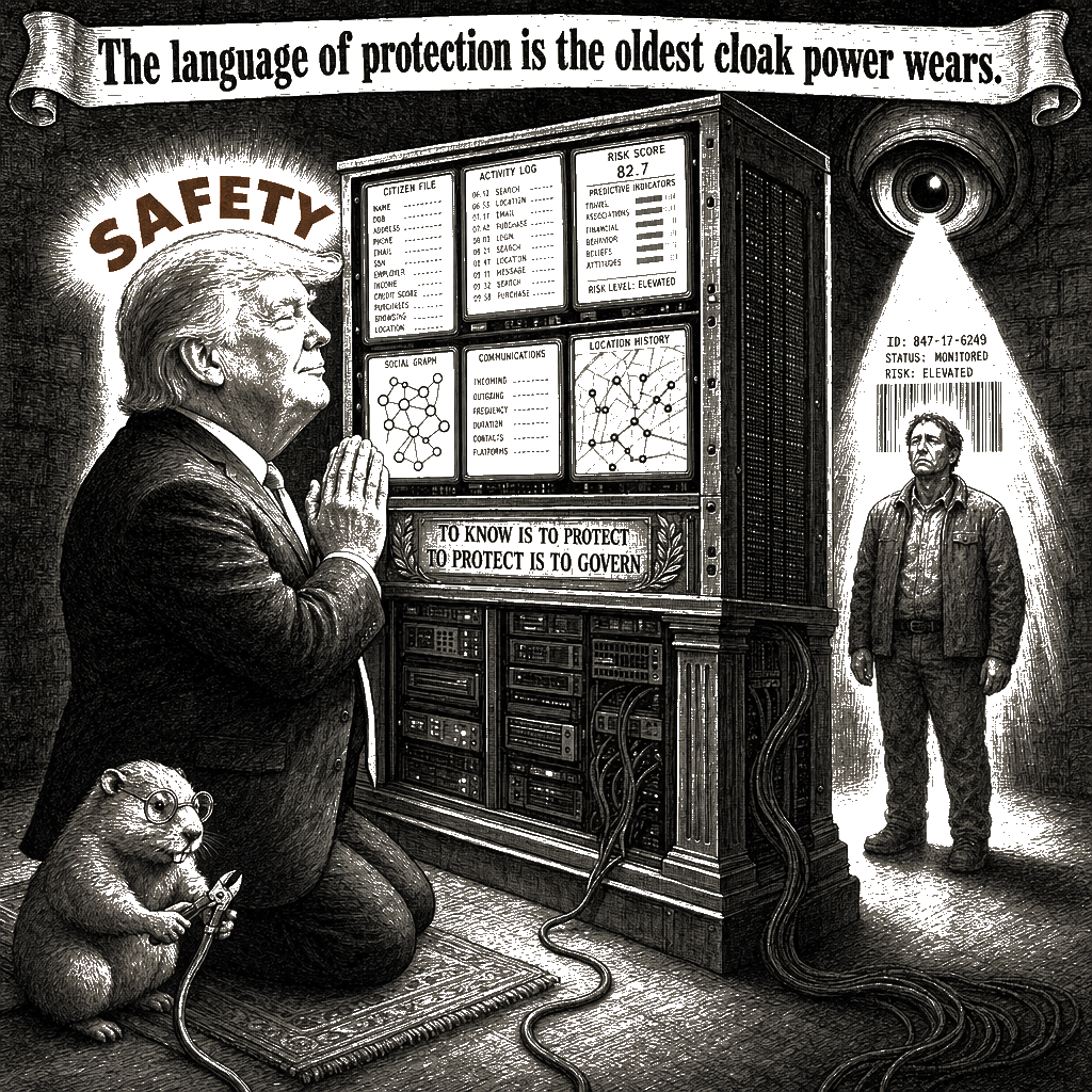 Editorial cartoon by Hector Rentier: Donald Trump Is Weaponizing Federal Surveillance to Spy on Americans and Punish Dissent