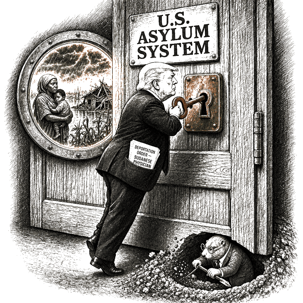 Editorial cartoon by Hector Rentier: Donald Trump Shut the Door on the Climate-Displaced and Called It Law