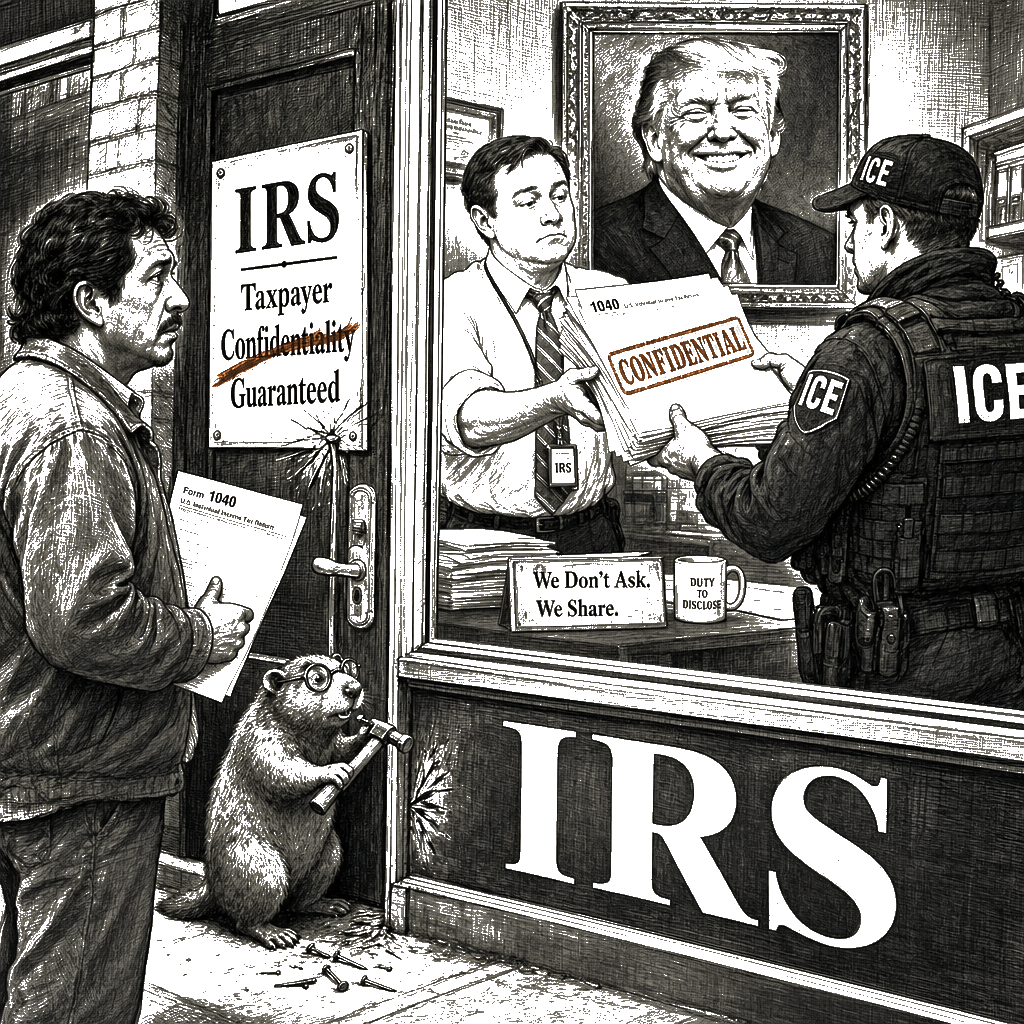 Editorial cartoon by Hector Rentier: Donald Trump weaponized the tax agency to hunt migrants.