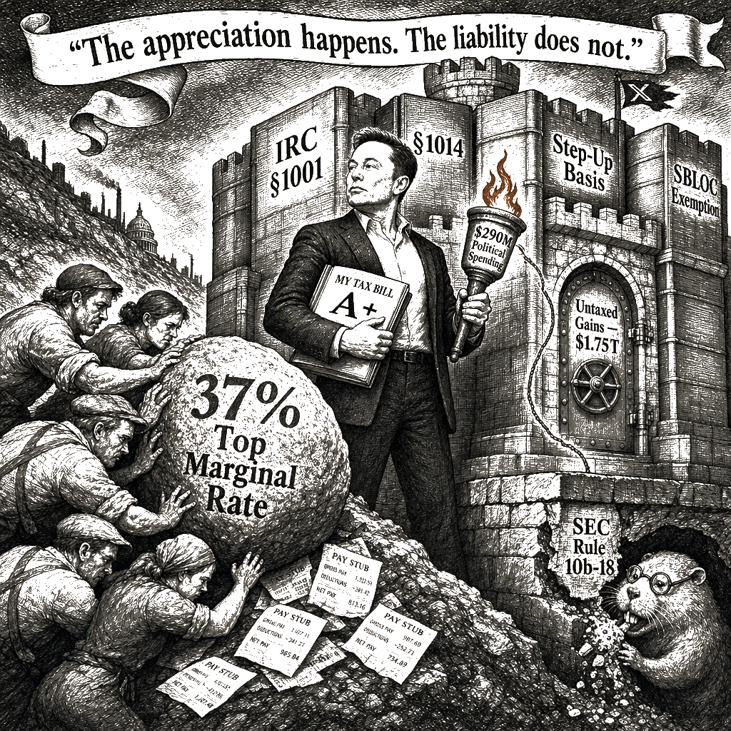 Editorial cartoon by Hector Rentier: Elon Musk Is Looting the American Public Through a Tax Code Built for the Asset Class