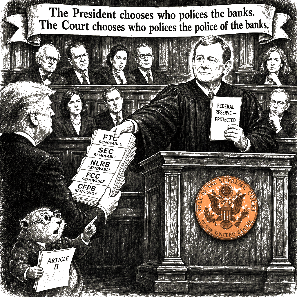 Editorial cartoon by Hector Rentier: Every Regulator Is Removable. The Fed Is Not.