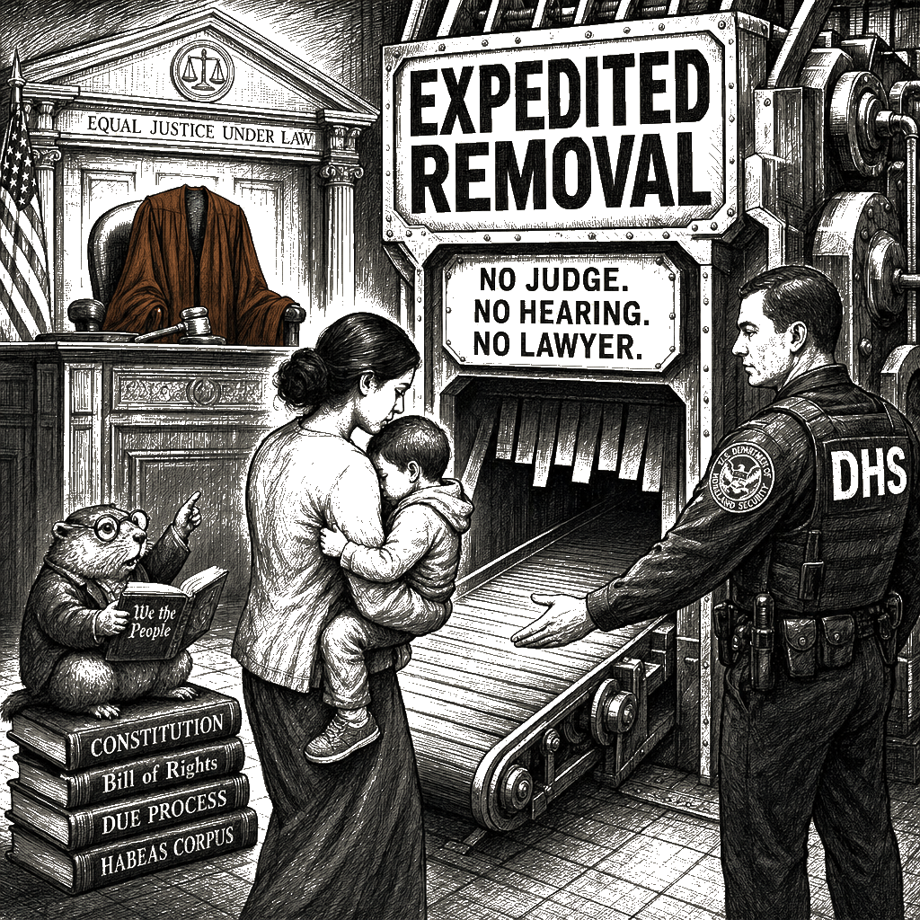 Editorial cartoon by Hector Rentier: Every Street in America Is Now a Deportation Zone