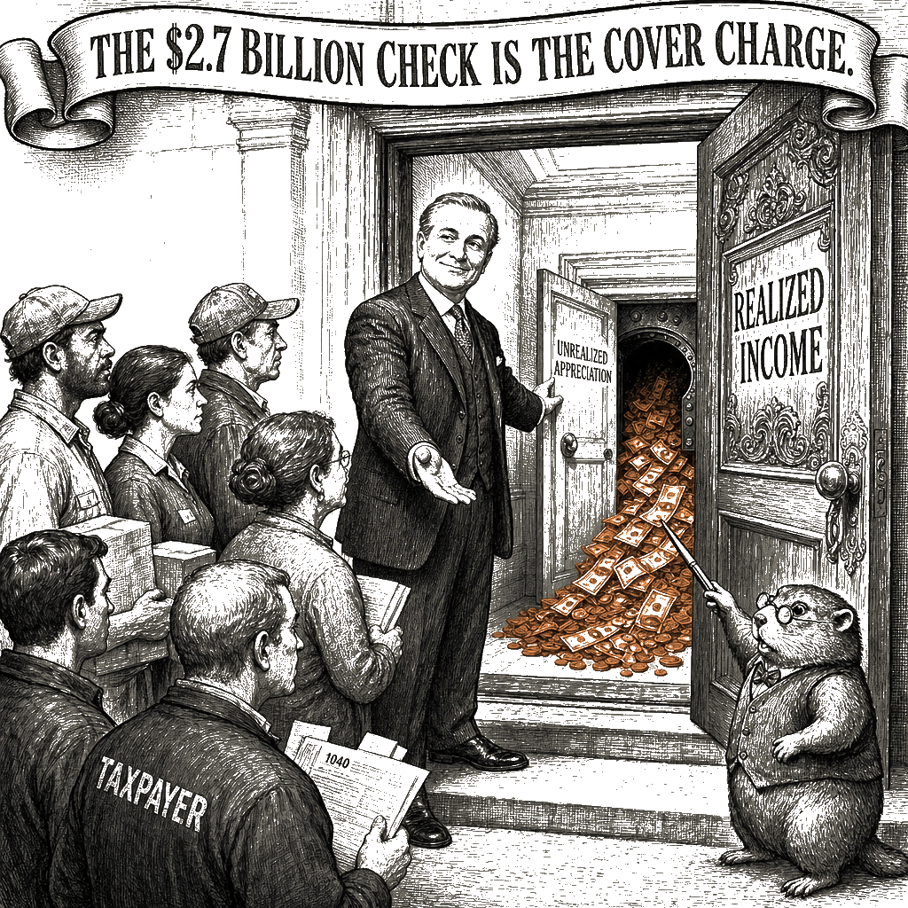 Editorial cartoon by Hector Rentier: Extracted Wealth, Not Innovation, Built the Billionaires