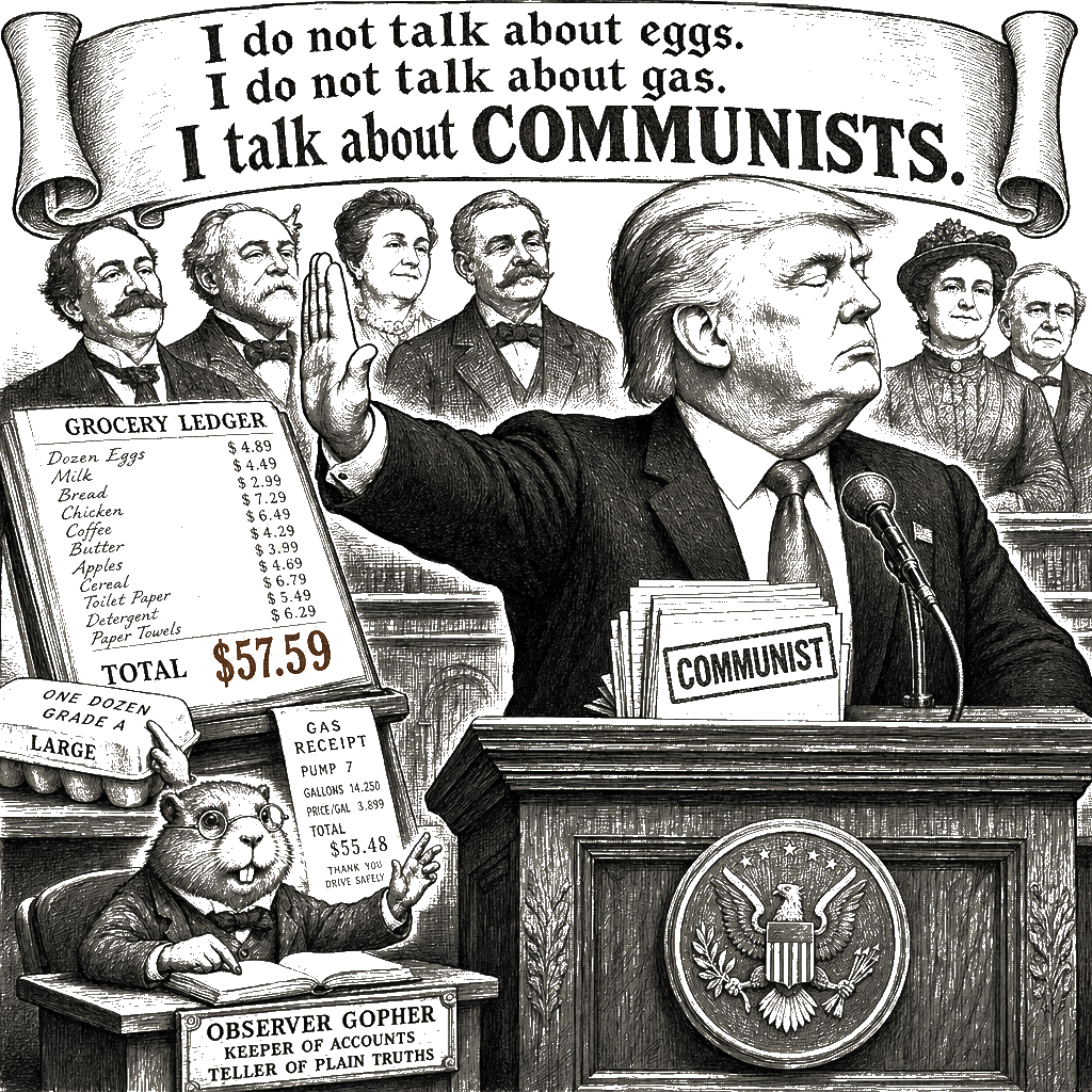 Editorial cartoon by Hector Rentier: Fake news focus groups lie about my beautiful communist message, but the silent…