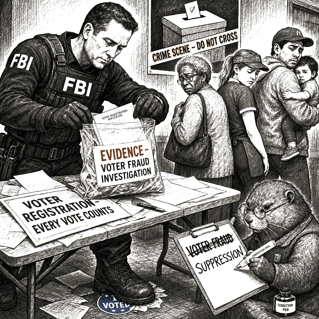 Editorial cartoon by Hector Rentier: Federal Agents Raided an Ohio Voting Office to Terrorize Black Organizers