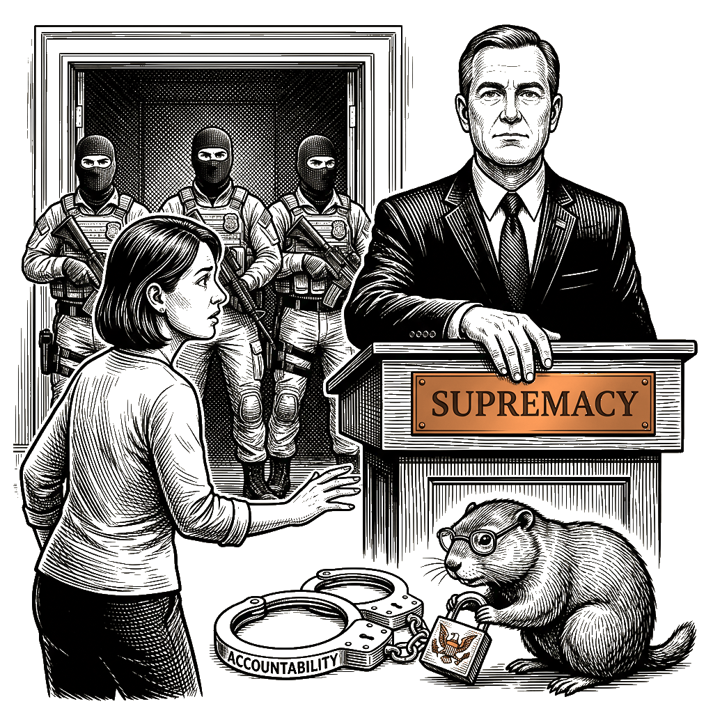 Editorial cartoon by Hector Rentier: Federal Supremacy Should Not Erase Accountability for Masked Agents