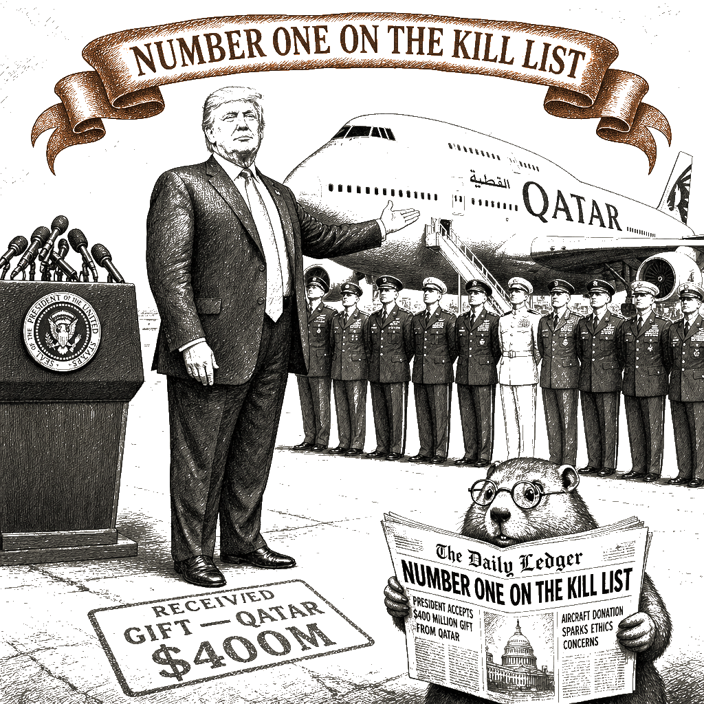 Editorial cartoon by Hector Rentier: Flying the Gift, Crying Kill List