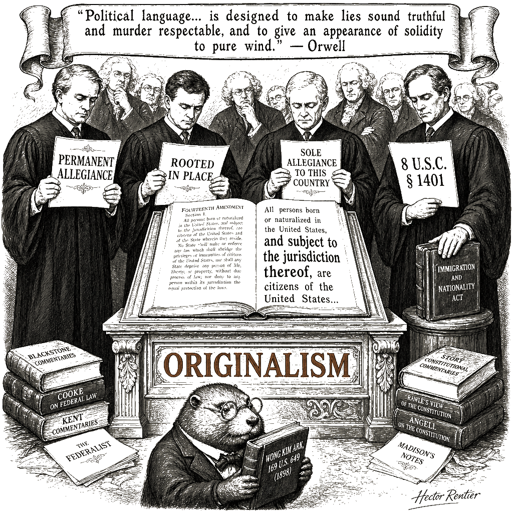 Editorial cartoon by Hector Rentier: Four Originalists, Four Original Meanings