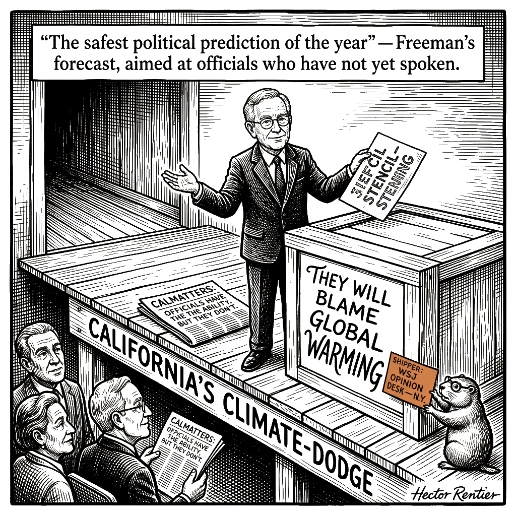 Editorial cartoon by Hector Rentier: Freeman Manufactures, Then Refutes, a Climate Dodge