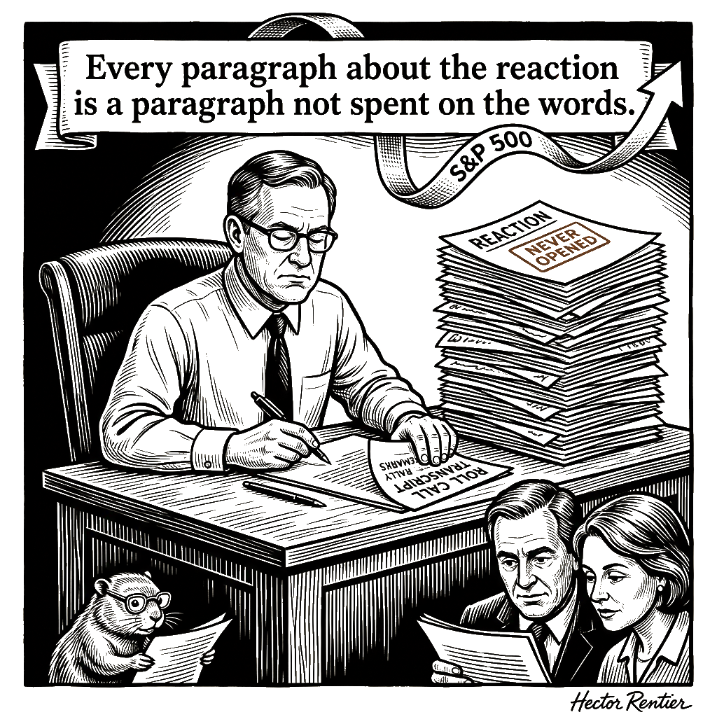 Editorial cartoon by Hector Rentier: Freeman Put Every Reaction on Trial, Never the Words