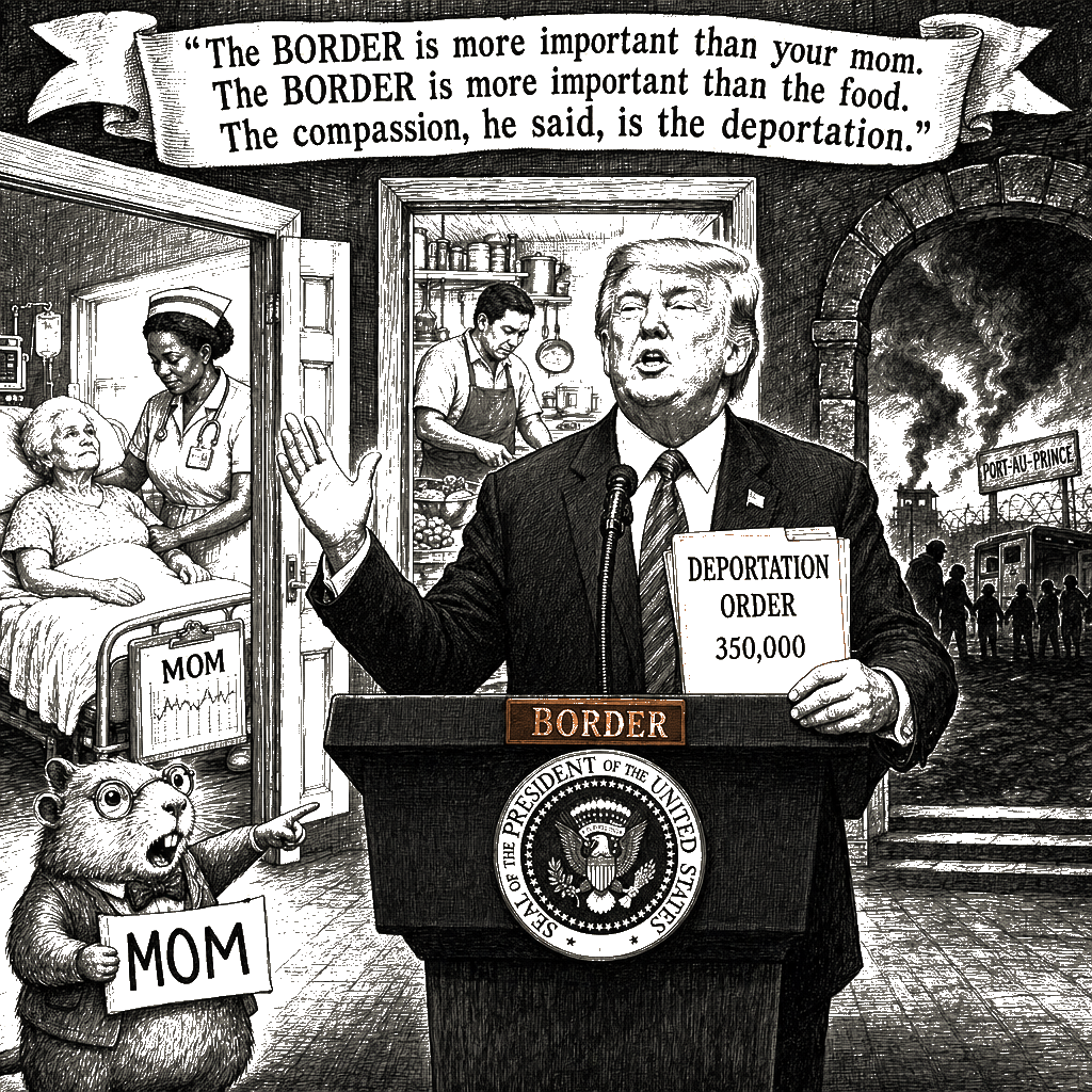 Editorial cartoon by Hector Rentier: Giménez, DeWine, and Lawler are very weak Republicans, and the Haitians are going…