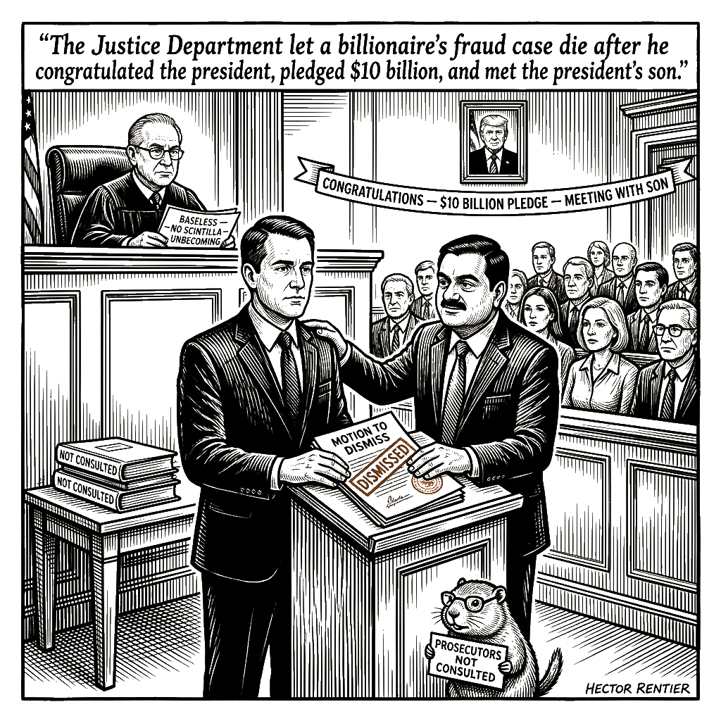 Editorial cartoon by Hector Rentier: He Pledged Ten Billion and the Charges Disappeared