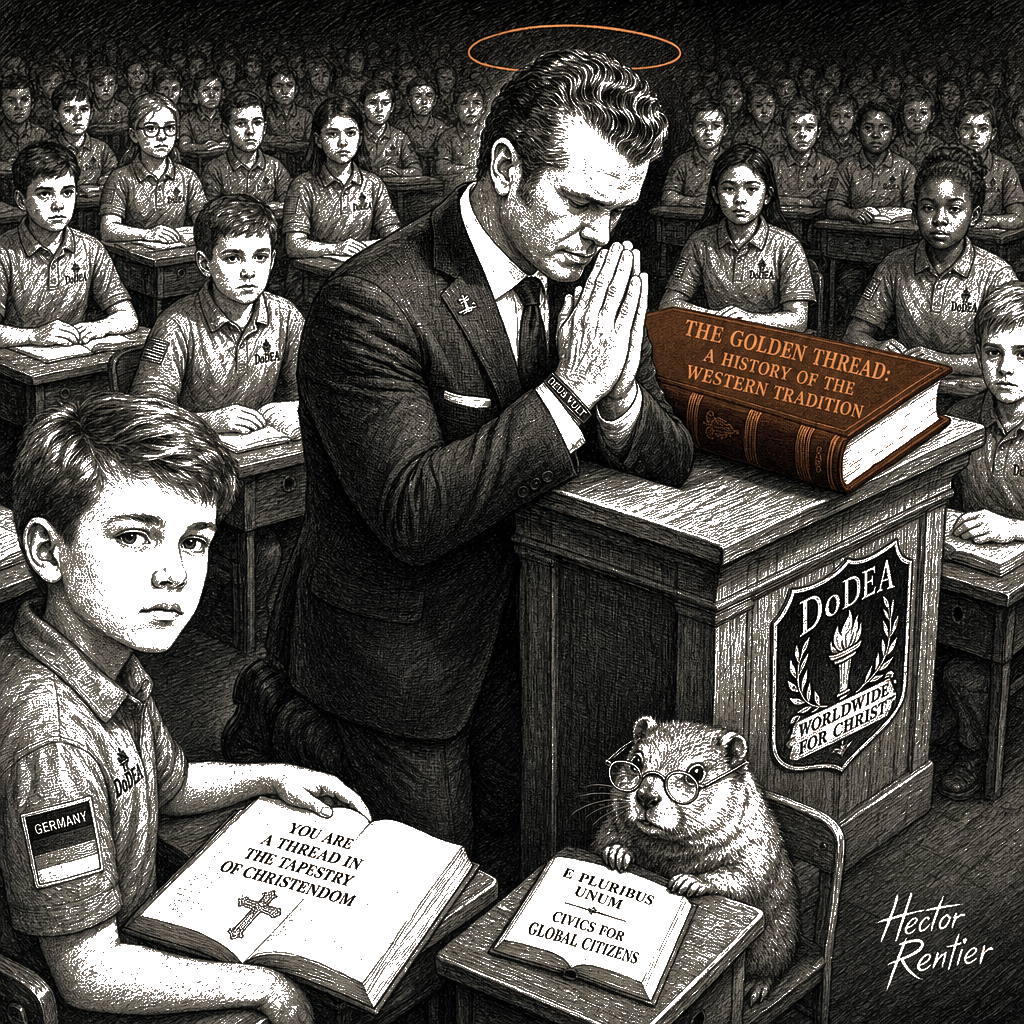 Editorial cartoon by Hector Rentier: Hegseth's 70,000 Military Kids Are His Captive Test Market