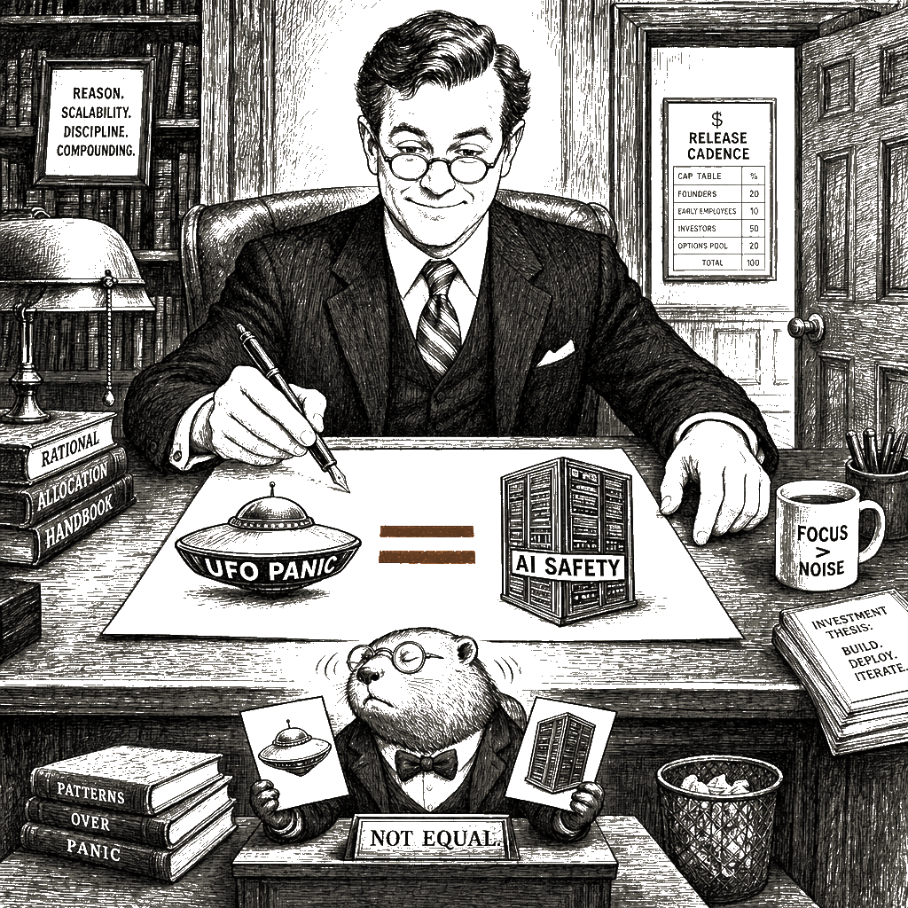 Editorial cartoon by Hector Rentier: Holman Jenkins Builds a UFO Smokescreen for AI Monopolies