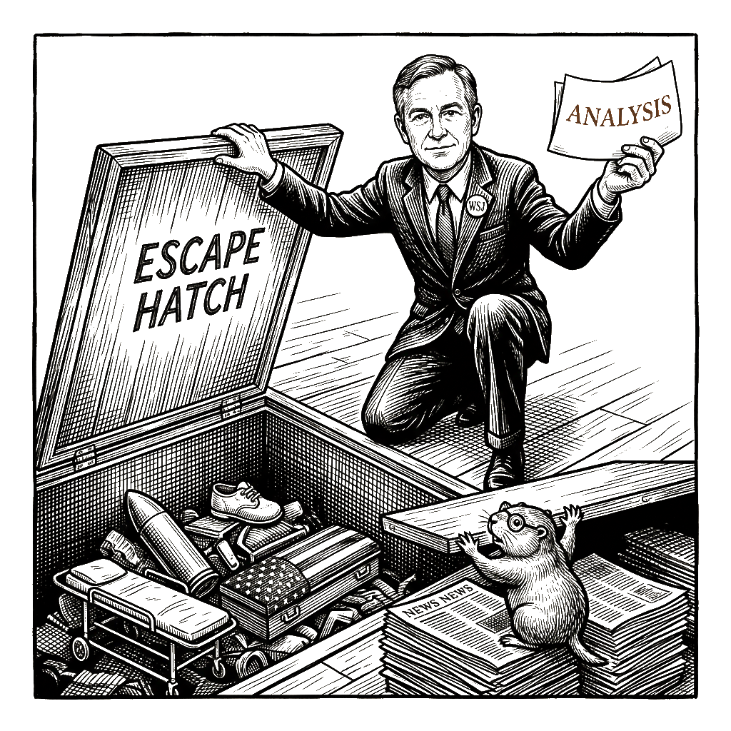 Editorial cartoon by Hector Rentier: Holman Jenkins Built You an Escape Hatch
