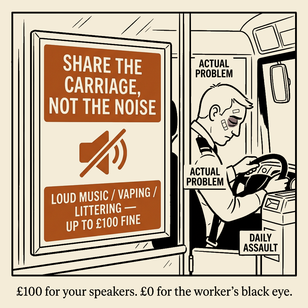 Unsigned MSI house political cartoon: £100 for your speakers. £0 for the worker's black eye.