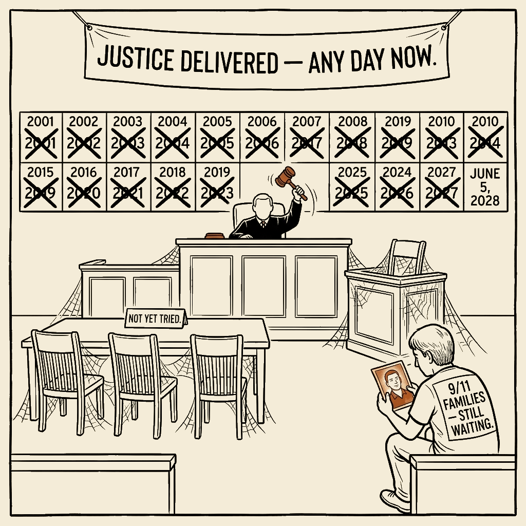 Unsigned MSI house political cartoon: 27 Years to Schedule the Trial