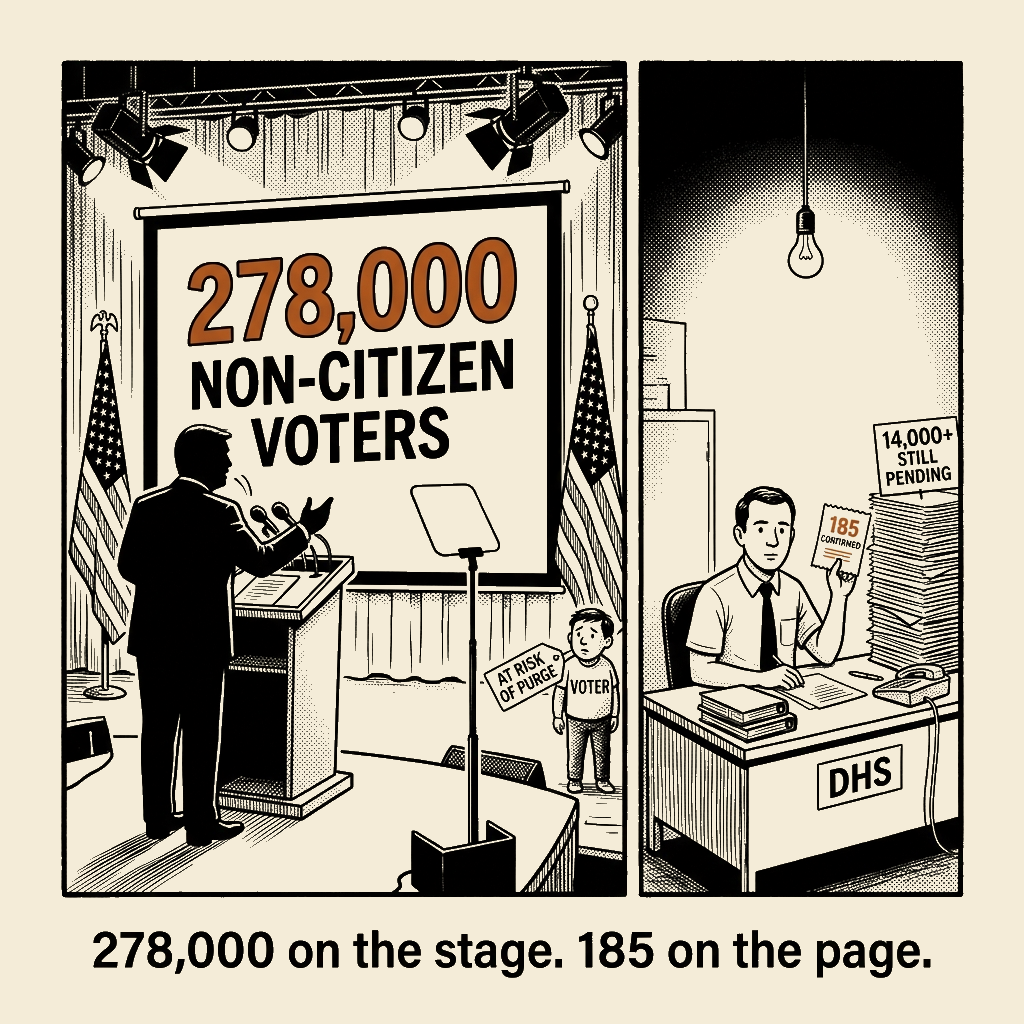 Unsigned MSI house political cartoon: 278,000 on the stage. 185 on the page.