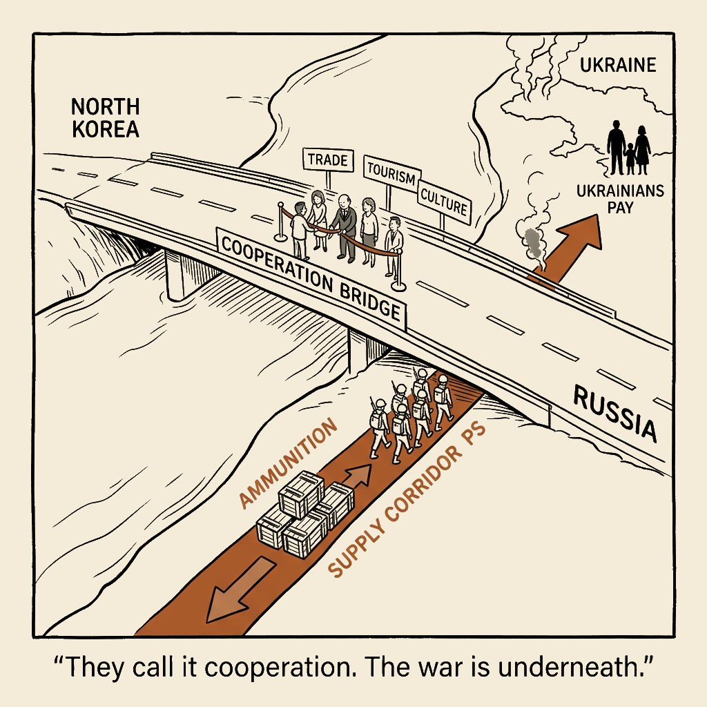 Unsigned MSI house political cartoon: A Peaceful Bridge With a War Underneath