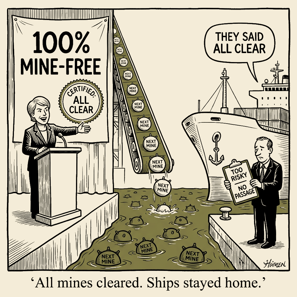 Unsigned MSI house political cartoon: All clear. Ships stayed home.