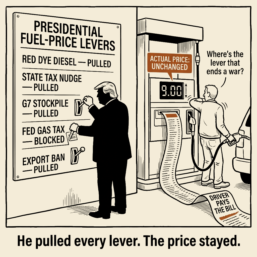 Unsigned MSI house political cartoon: All the levers a president can pull