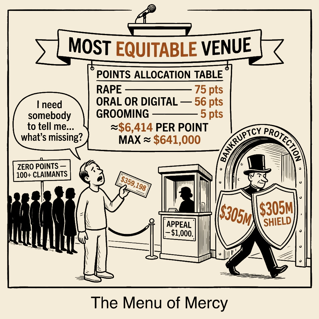 Unsigned MSI house political cartoon: Archdiocese's 'Equitable' Bankruptcy Priced Child Rape by the Point