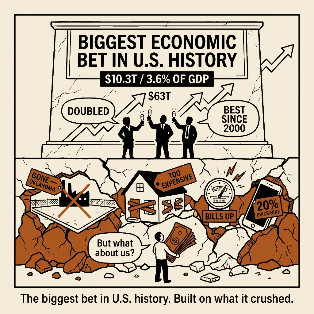 Unsigned MSI house political cartoon: Biggest Bet in U.S. History. Built on What It Crushed.