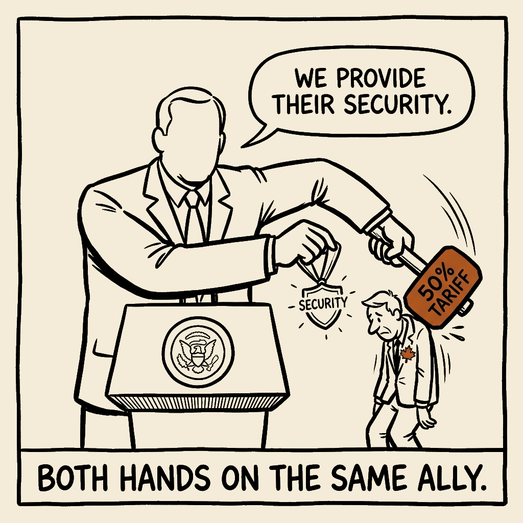 Unsigned MSI house political cartoon: Both Hands on the Same Ally