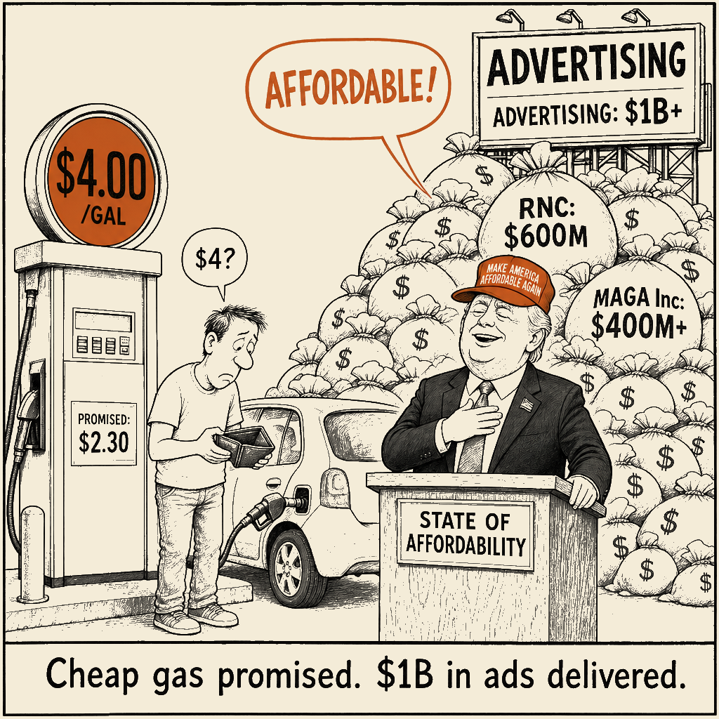Unsigned MSI house political cartoon: Cheap gas promised. $1B in ads delivered.