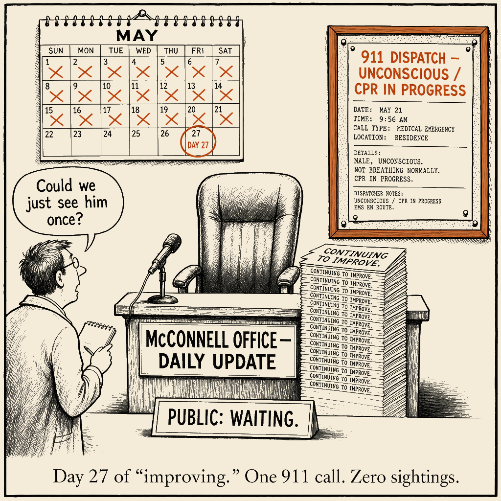 Unsigned MSI house political cartoon: Day 27 of 'continuing to improve.'