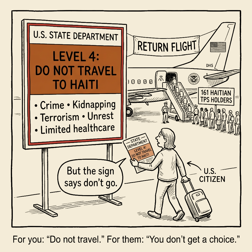 Unsigned MSI house political cartoon: Do Not Travel — Unless We Send You