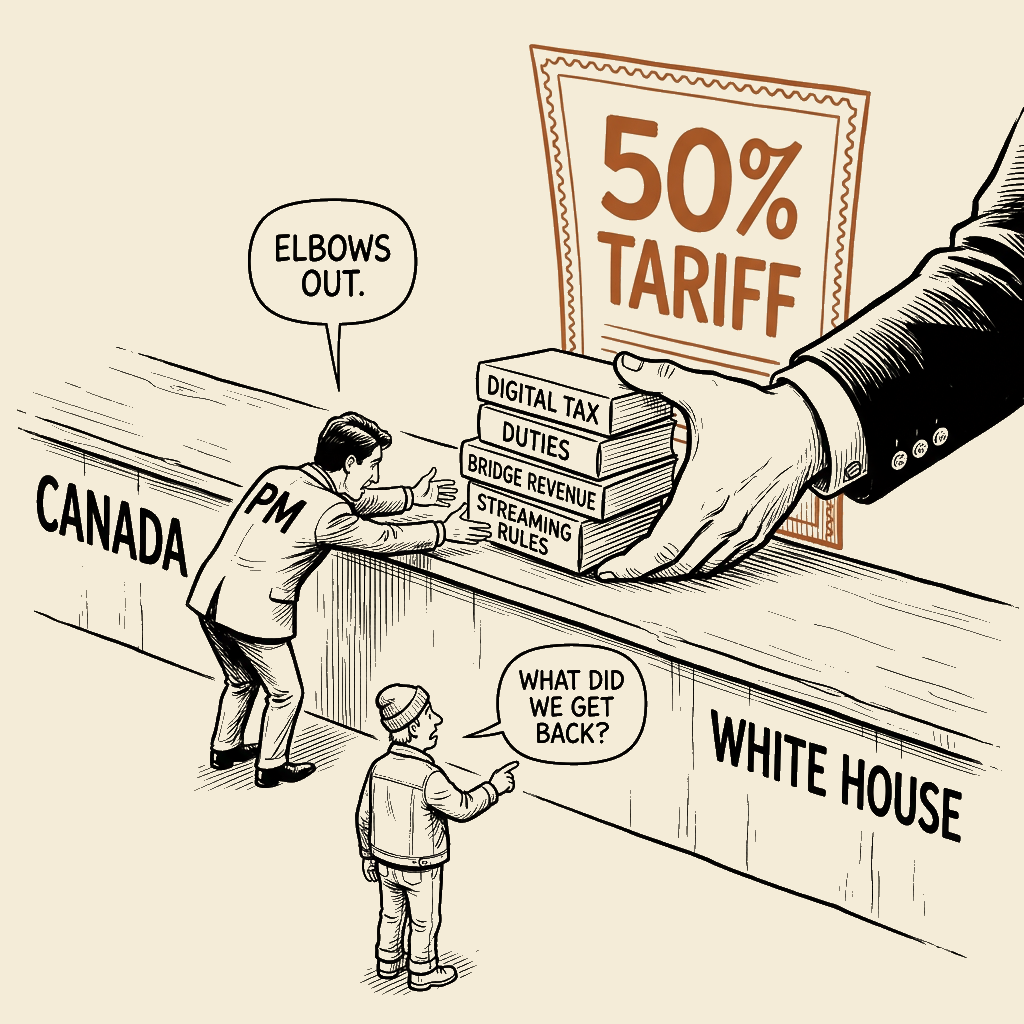 Unsigned MSI house political cartoon: Elbows Out, Everything Else Out