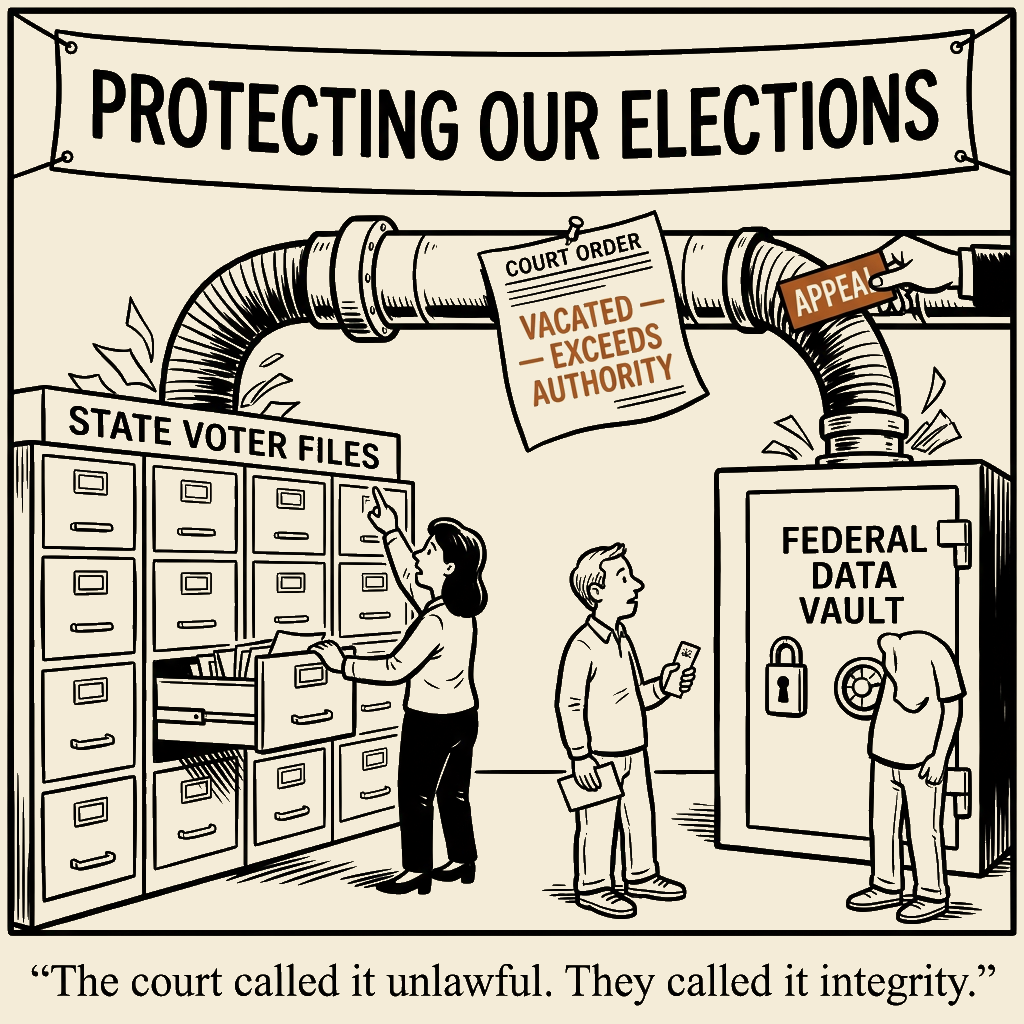 Unsigned MSI house political cartoon: Election Integrity, Vacated