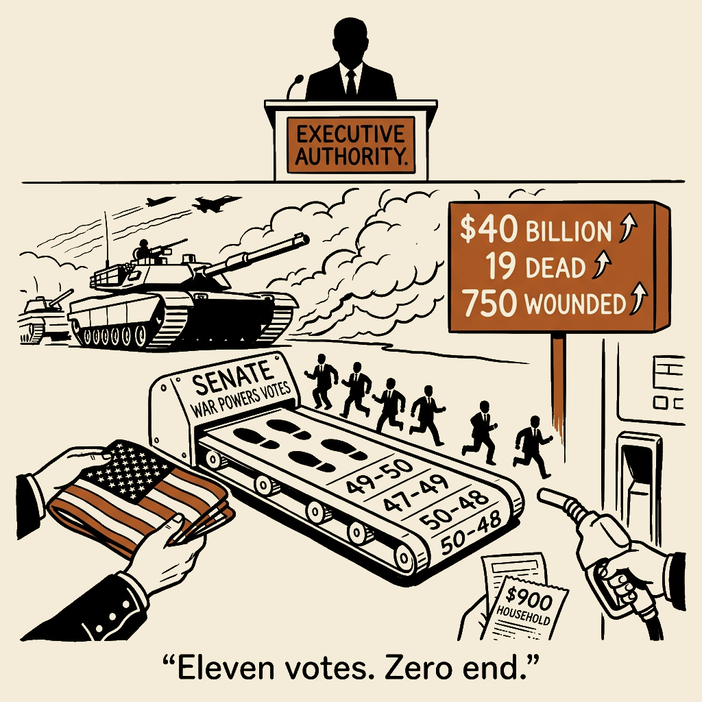 Unsigned MSI house political cartoon: Eleven votes. The war voted too.