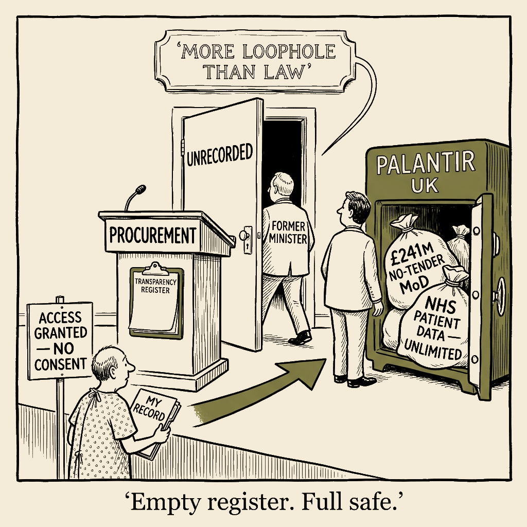 Unsigned MSI house political cartoon: Empty register, full safe