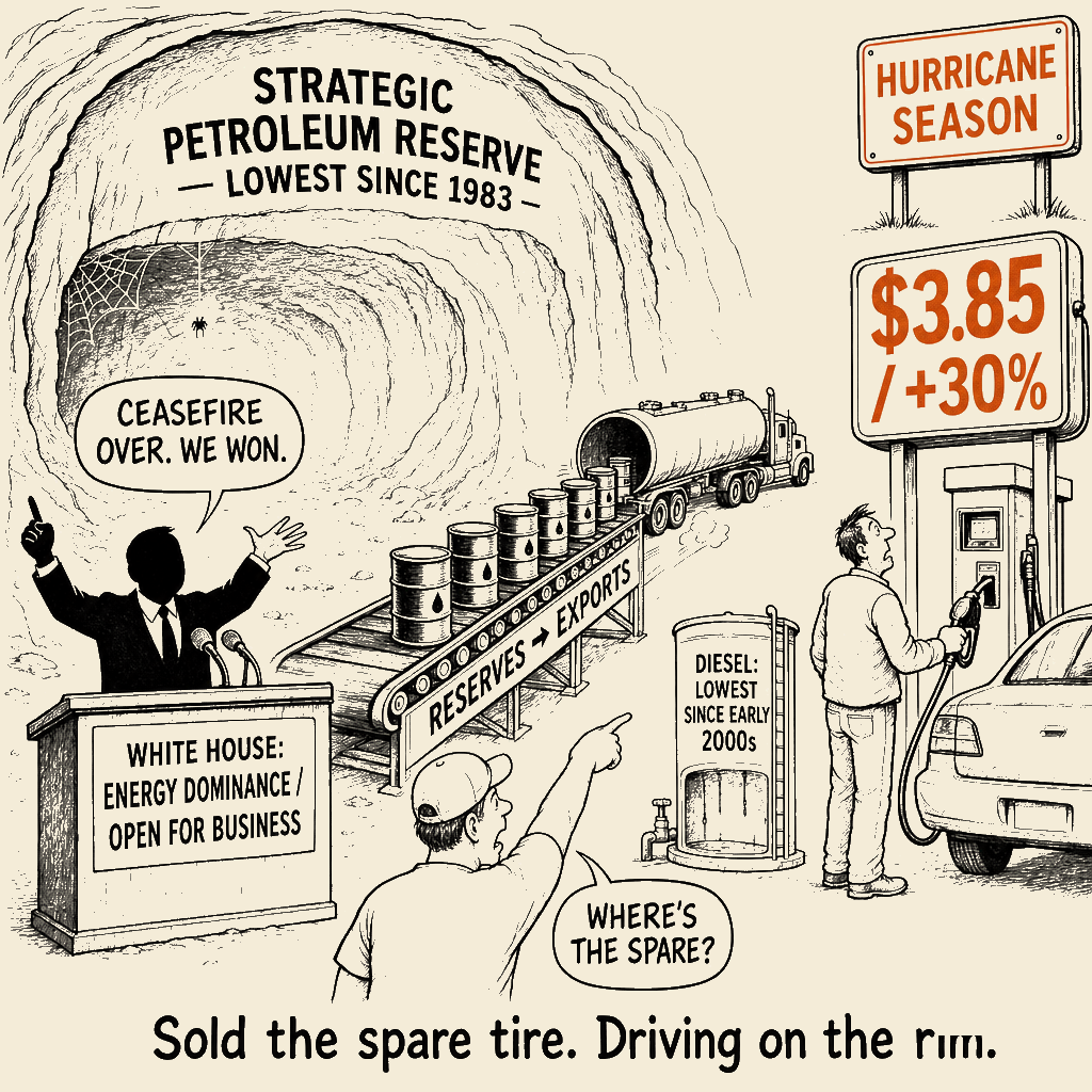 Unsigned MSI house political cartoon: Energy Dominance. Bare Pantry.