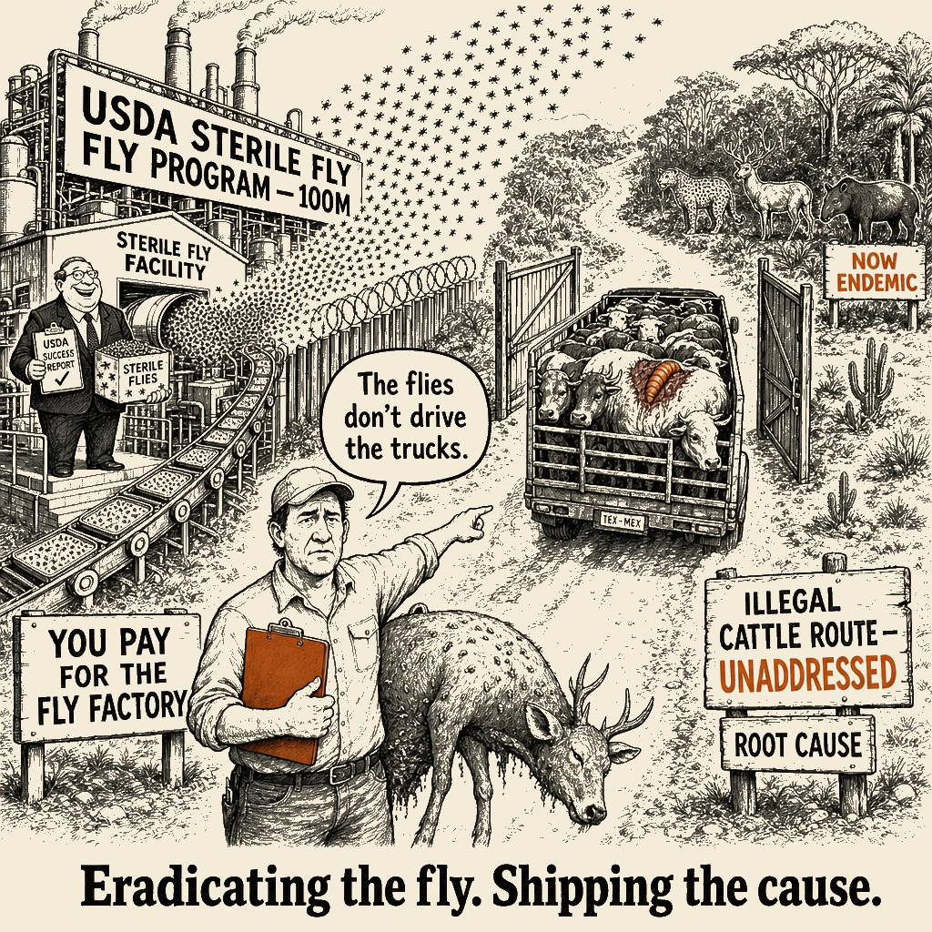 Unsigned MSI house political cartoon: Eradicating the fly. Shipping the cause.