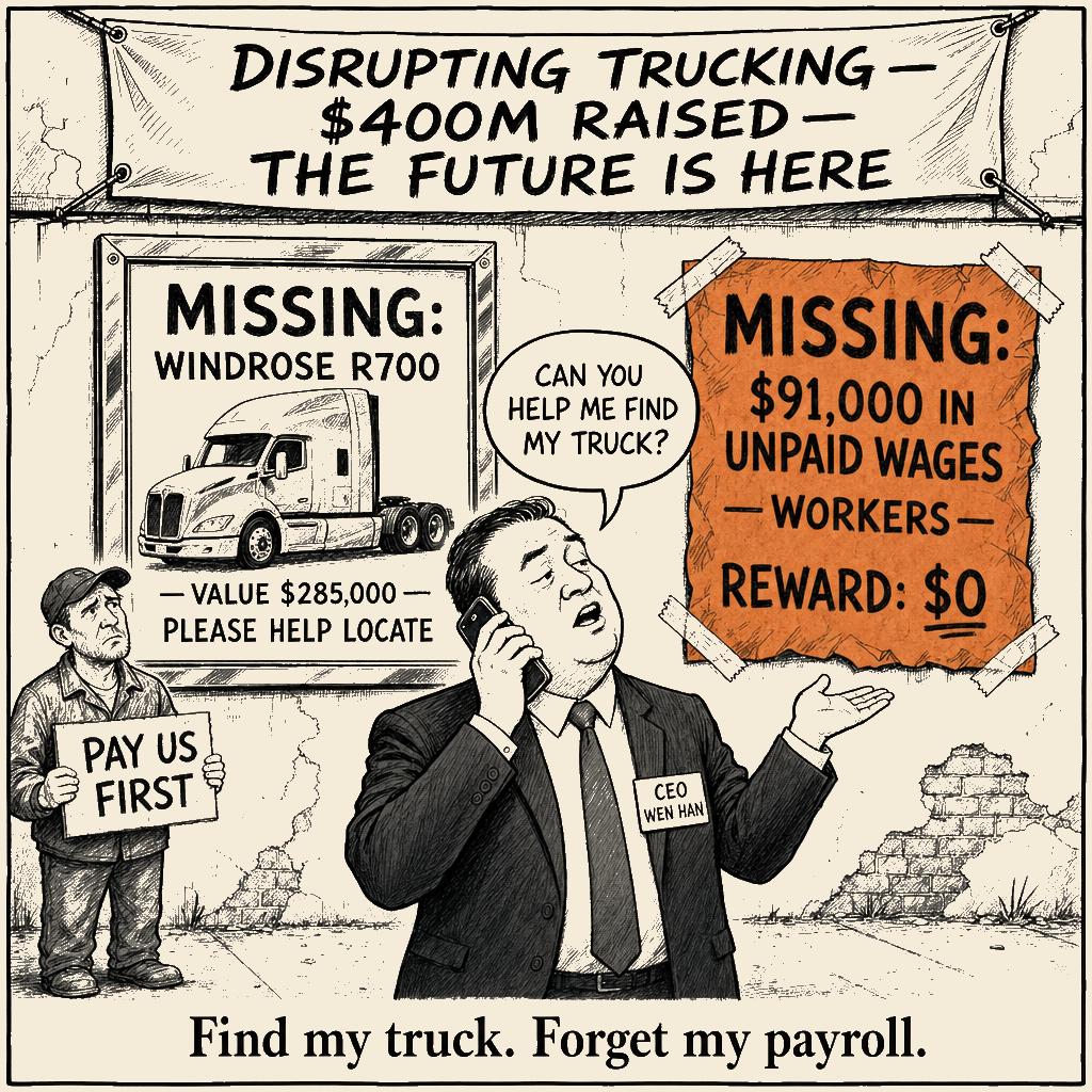Unsigned MSI house political cartoon: Find My Truck. Forget My Payroll.