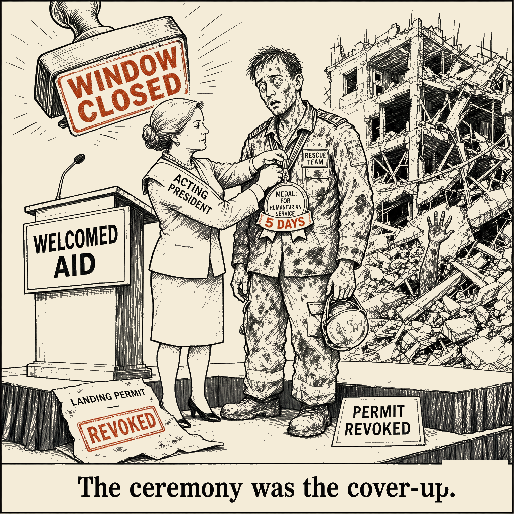 Unsigned MSI house political cartoon: Five Days Late, With a Medal