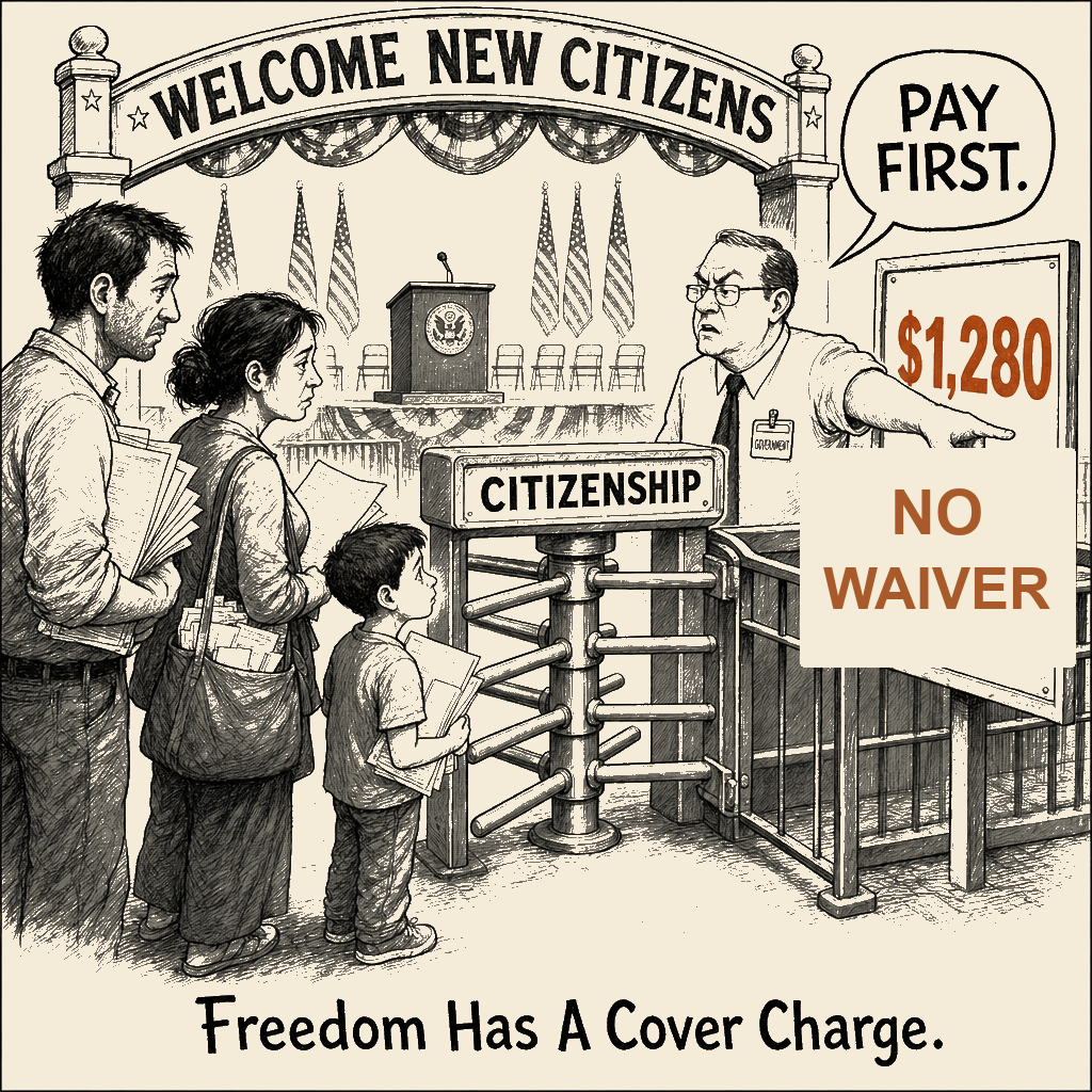 Unsigned MSI house political cartoon: Freedom Has A Cover Charge