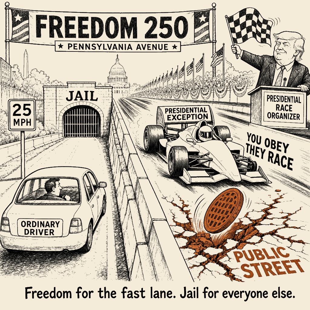Unsigned MSI house political cartoon: Freedom Has a Fast Lane
