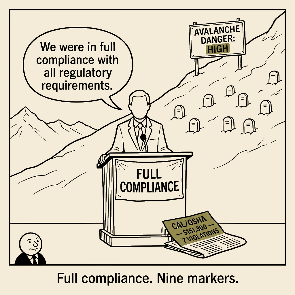 Unsigned MSI house political cartoon: Full compliance on the form. Nine markers on the slope.